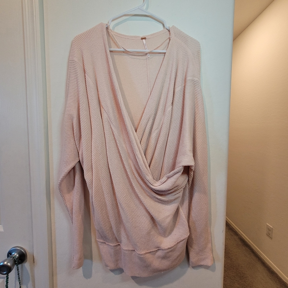 Free People Pink V-Neck Sweater with Wrap Design